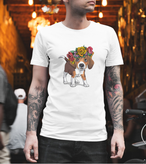 Beagle Puppy with Colorful Floral Crown T-Shirt Beagle Puppy with Colorful Floral Crown T-Shirt