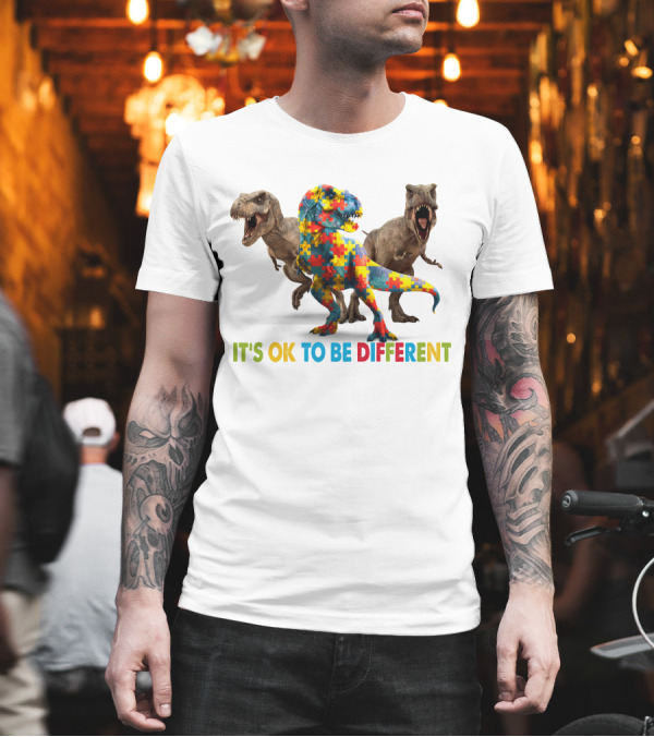 Autism It's Ok To Be Different Colorful Puzzle Piece Dinosaur T-Shirt Autism It's Ok To Be Different Colorful Puzzle Piece Dinosaur T-Shirt