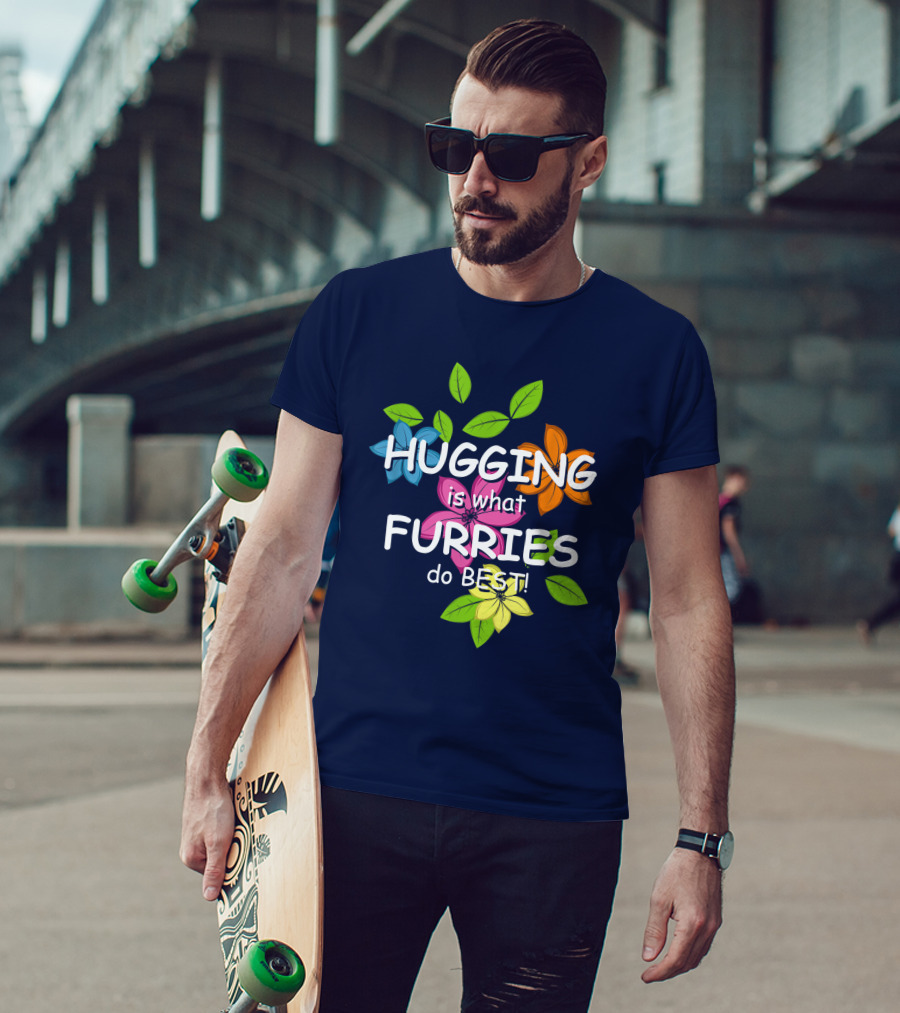 Hugging Is What Furries Do Best Colorful Flowers BLACK Best Hugs Furry Lover T-Shirt