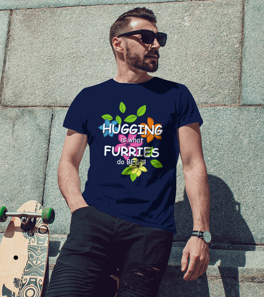 Hugging Is What Furries Do Best Colorful Flowers BLACK Best Hugs Furry Lover T-Shirt