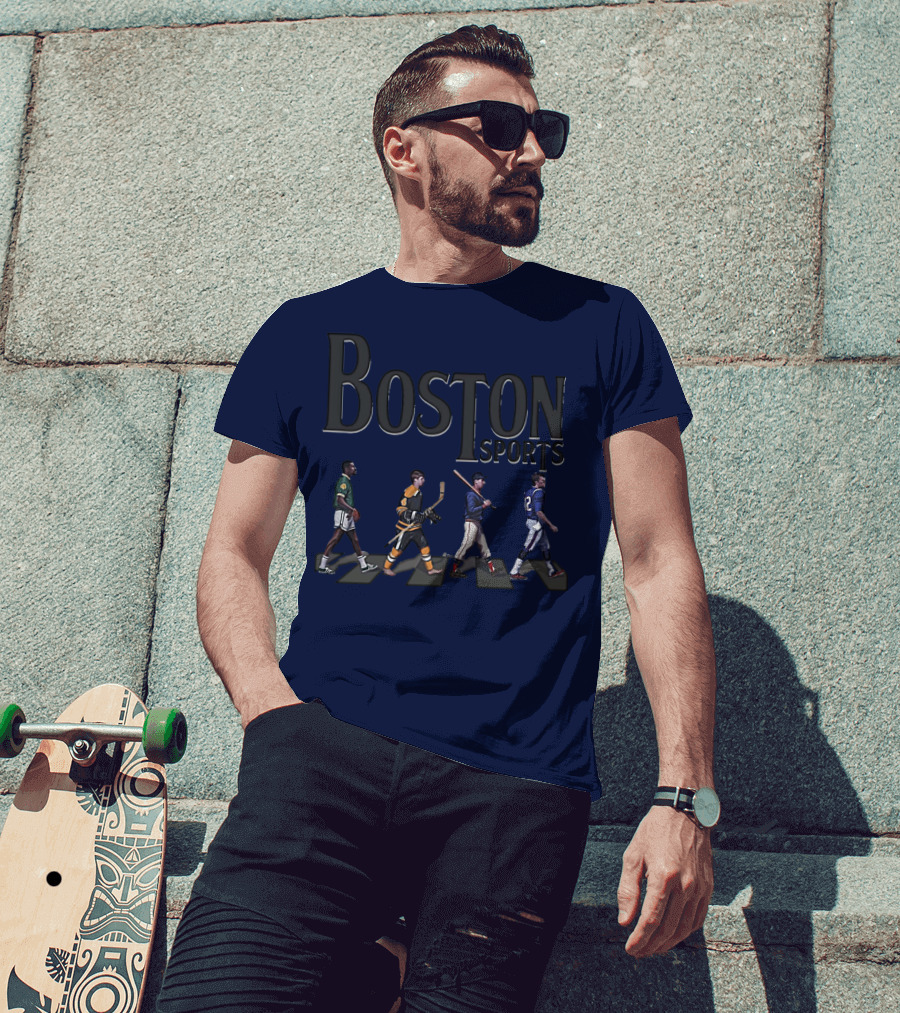 Boston Sports Evolution Inspired By Iconic Athletes In Green Basketball, Yellow Hockey, Baseball, And Blue Football Jerseys T-Shirt