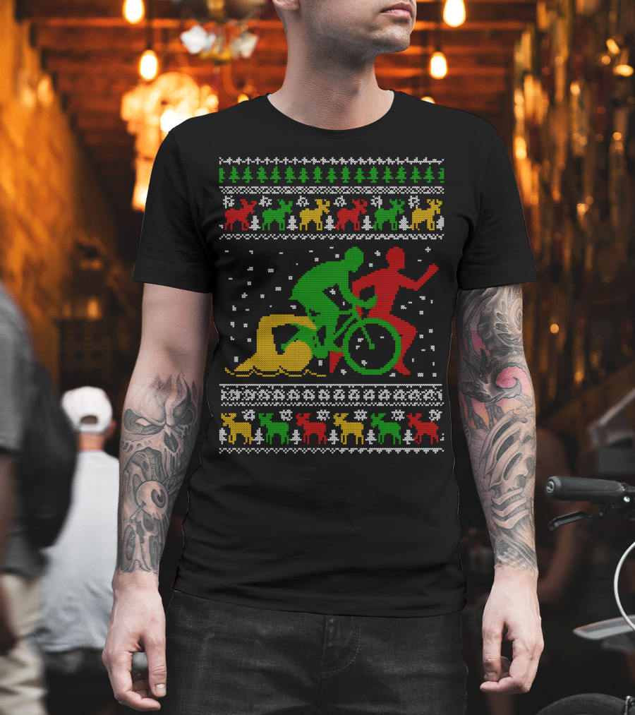 Merry Christmas Triathlon Ugly Sweater Swim Bike Run Festive Reindeer Holiday T-Shirt