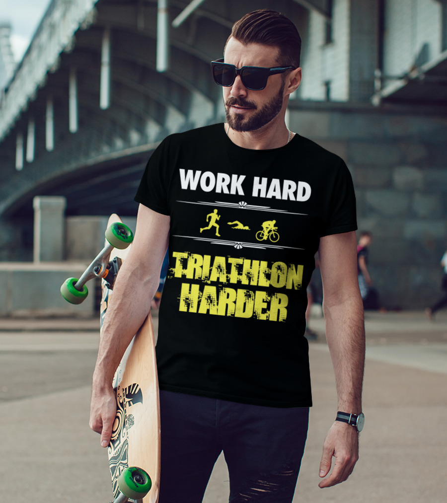 Work Hard Triathlon Harder Running Swimming Cycling Icons T-Shirt