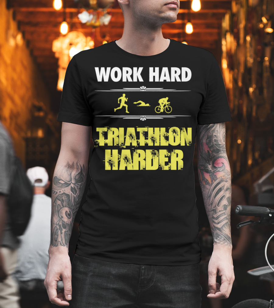 Work Hard Triathlon Harder Running Swimming Cycling Icons T-Shirt