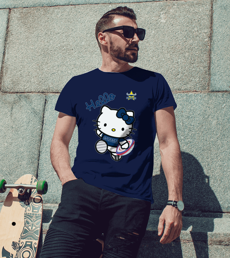 Hello Kitty North Queensland Cowboys Crossover With Rugby Ball T-Shirt