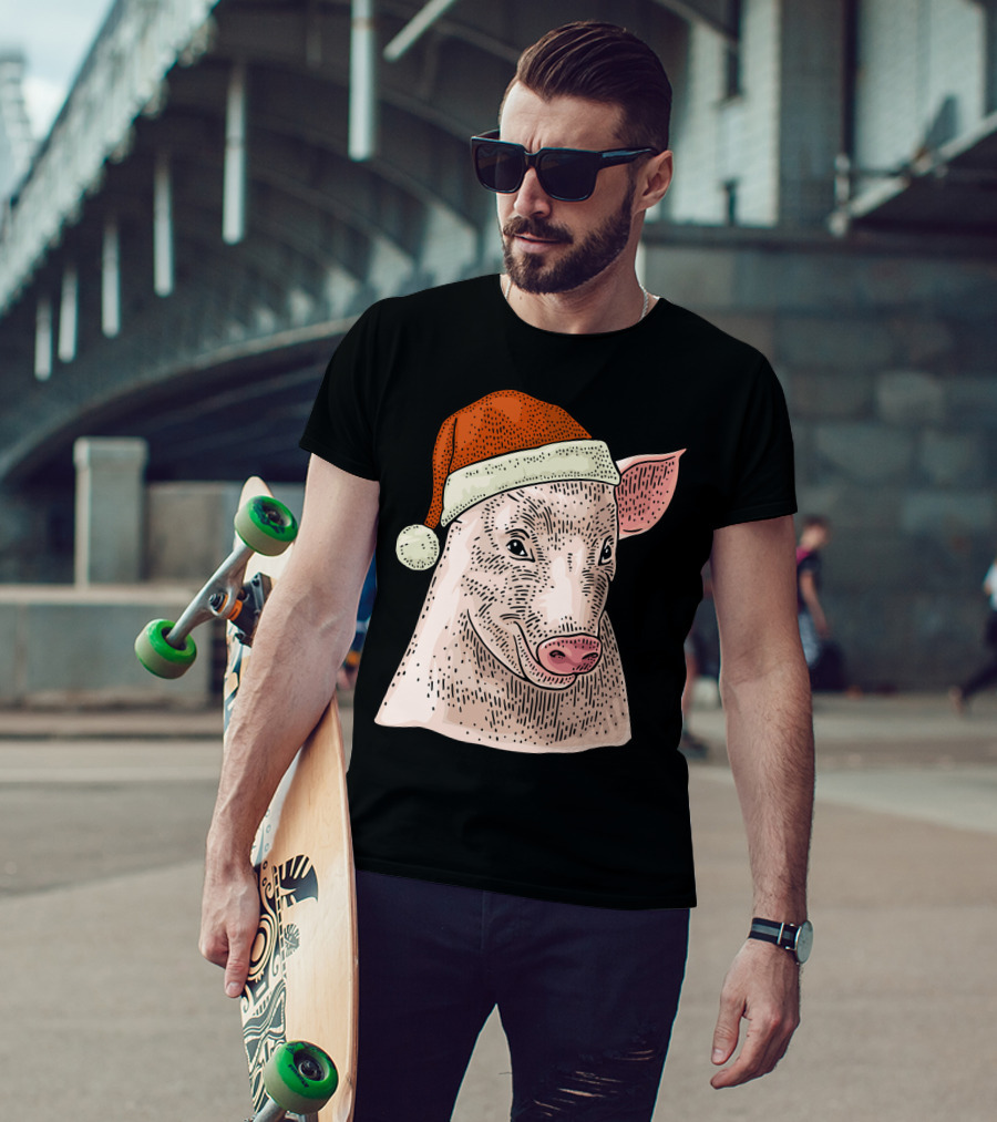 Pig In Santa Claus Cap Christmas T-Shirt