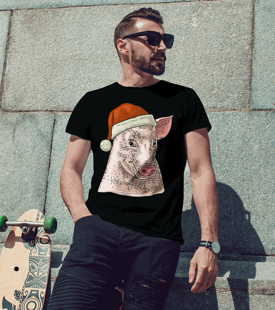 Pig In Santa Claus Cap Christmas T-Shirt