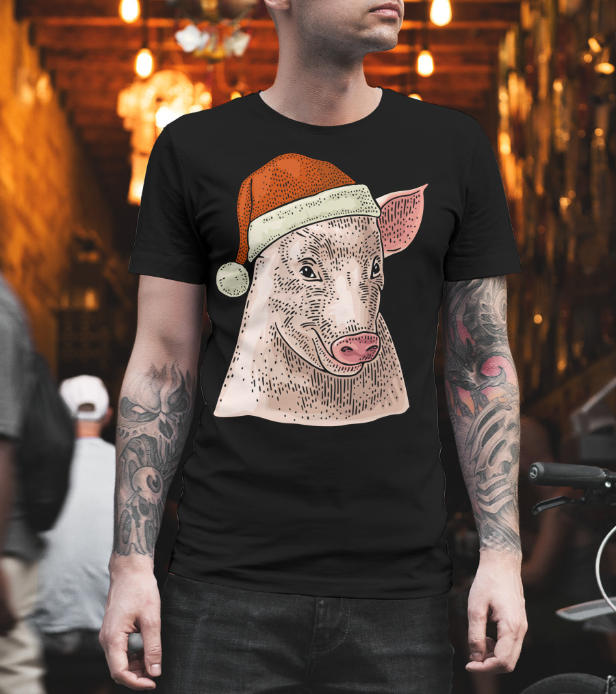 Pig in Santa Claus Cap Christmas T-Shirt