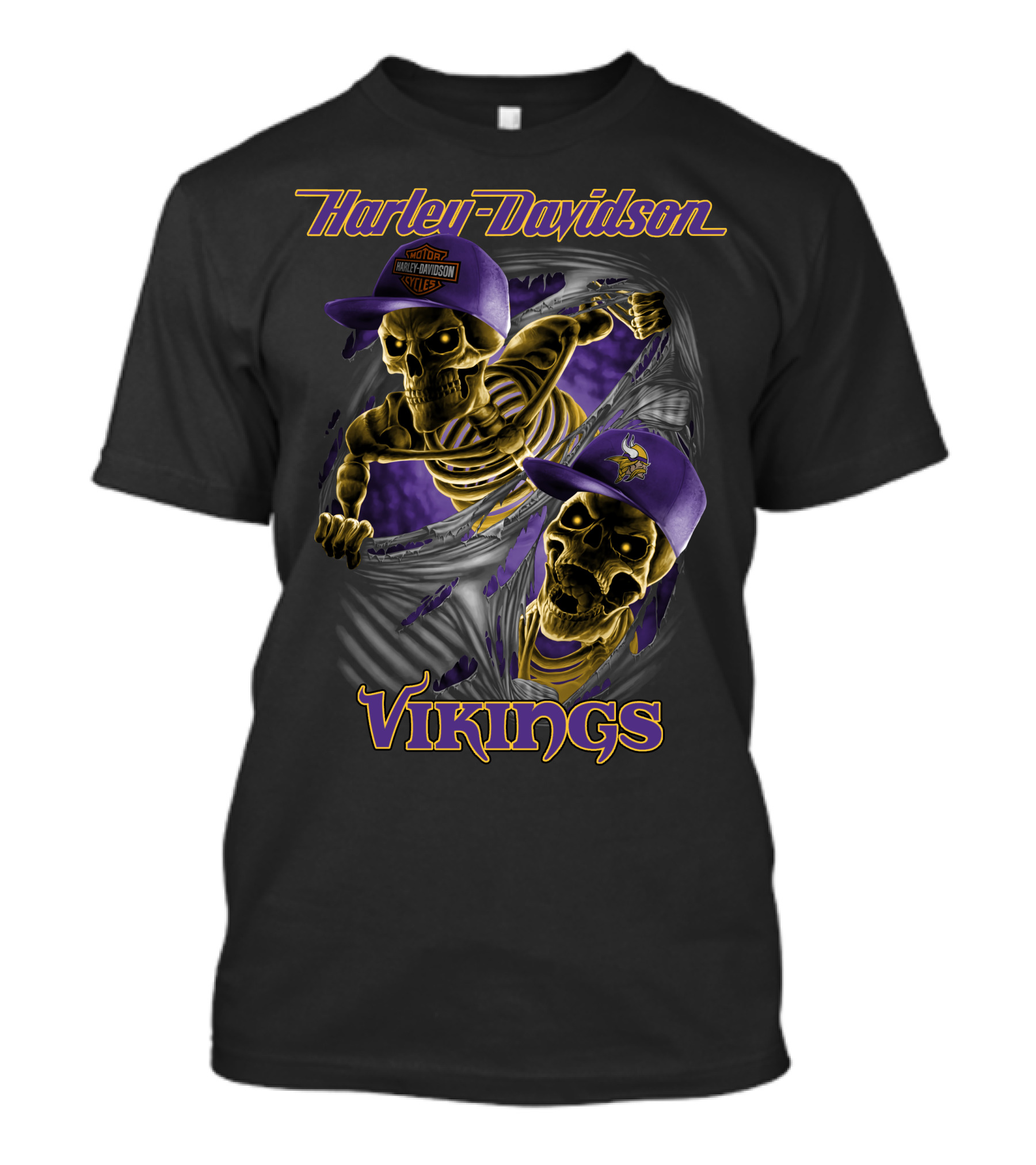 Harley Davidson Vikings Skeletons In Purple Caps With Logos T-Shirt