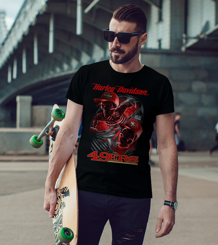 Harley Davidson 49ers Skeletons With San Francisco 49ers Caps T-Shirt