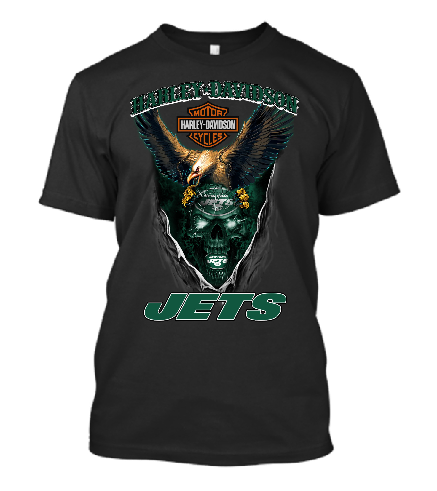 Harley Davidson Motor Cycles Eagle Skull New York Jets T-Shirt