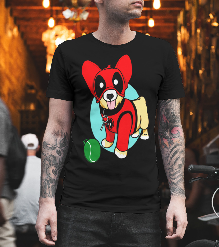 Corgi in Deadpool Costume with Tennis Ball T-Shirt