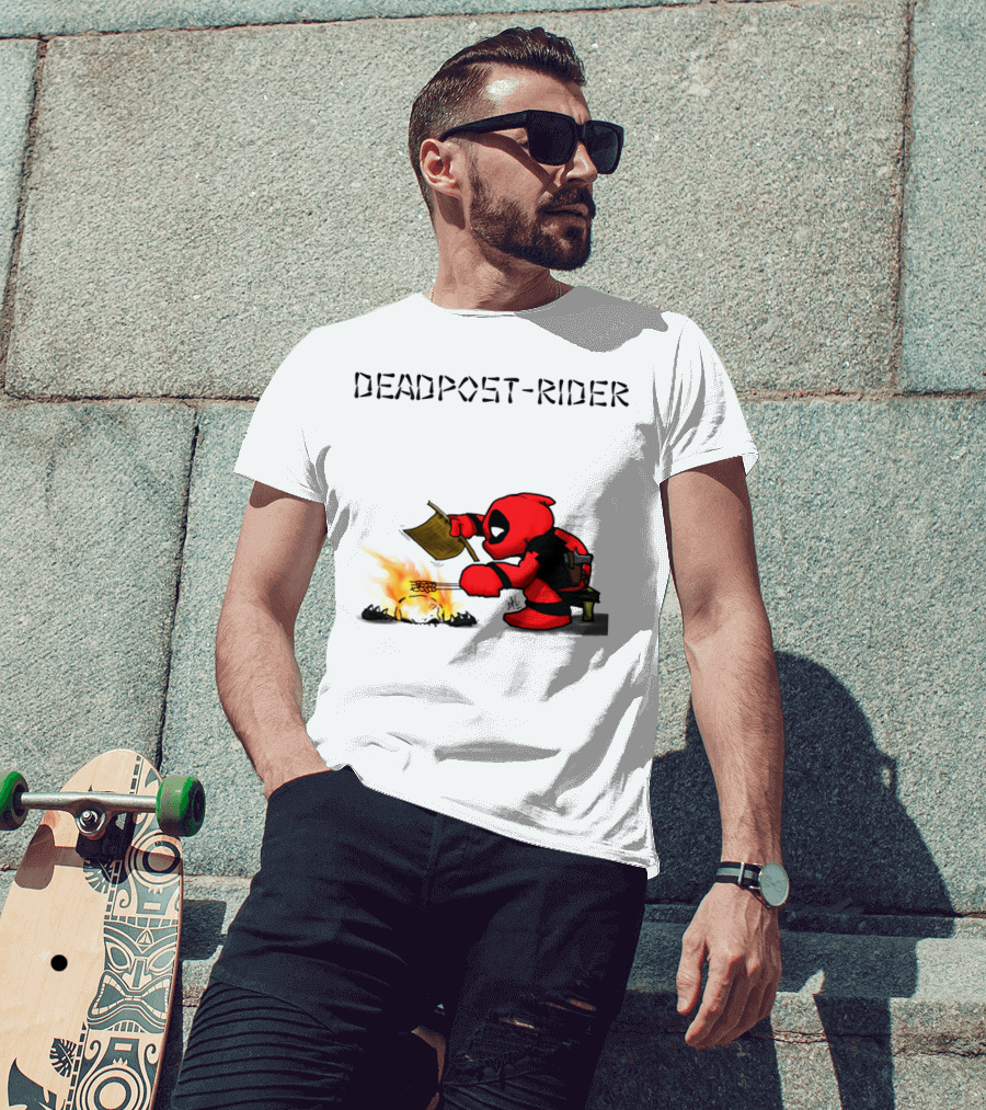 Deadpool Rider Cooking Marshmallow Over Fire Cartoon Scene T-Shirt