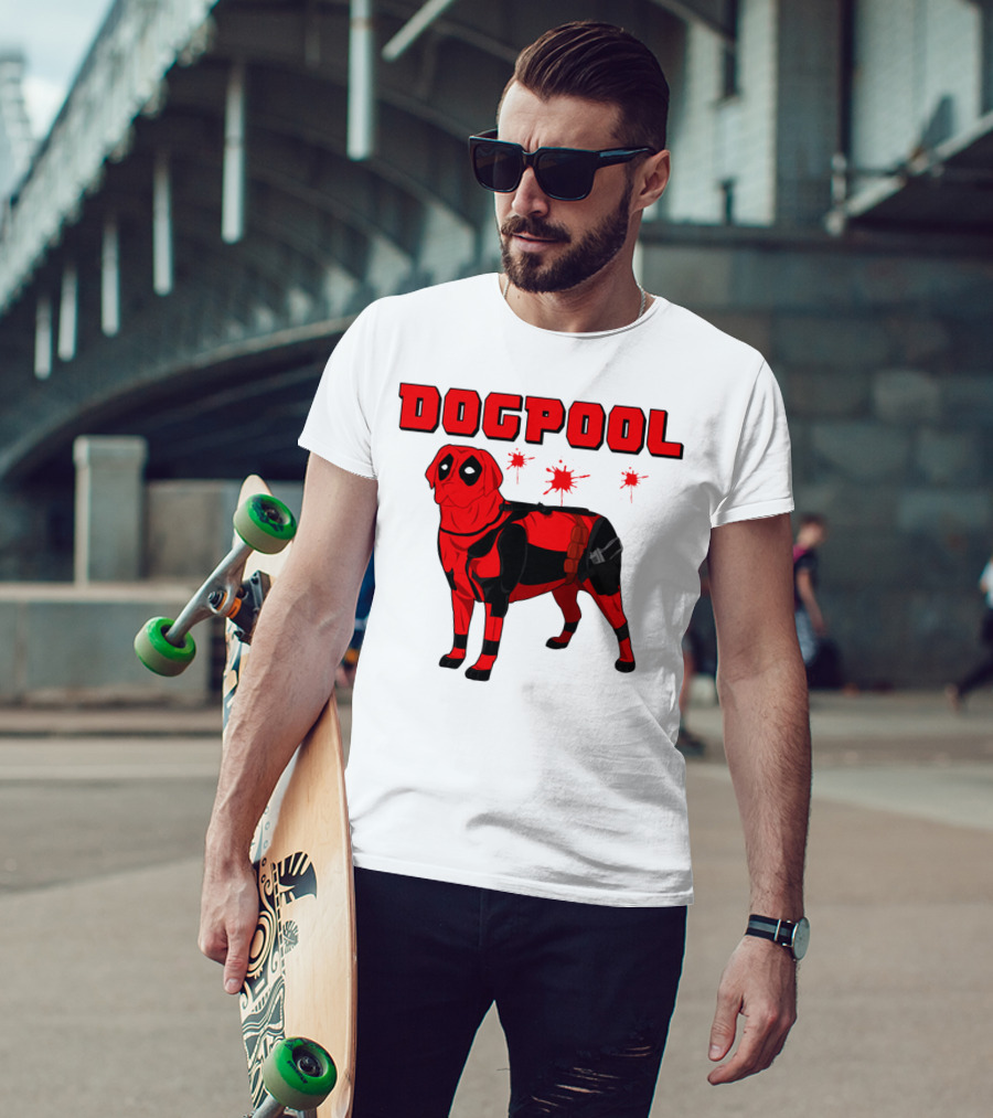 DOGPOOL Inspired By Deadpool With Red Suit And Splattered Background T-Shirt
