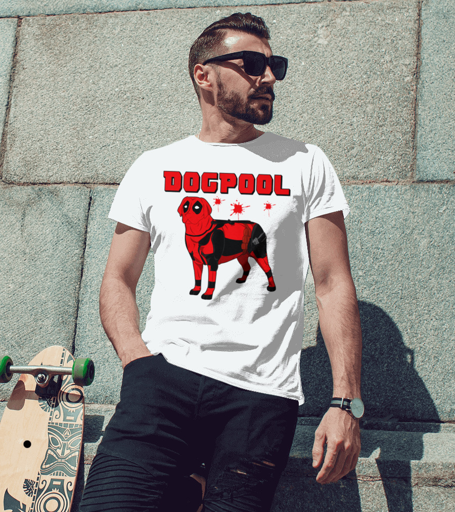 DOGPOOL Inspired By Deadpool With Red Suit And Splattered Background T-Shirt
