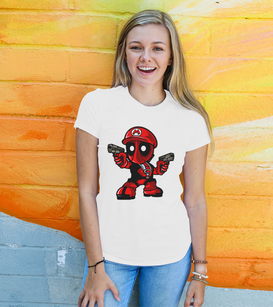 DEADPOOL MARIO PARODY CROSSOVER CHARACTER WITH GUNS T-Shirt