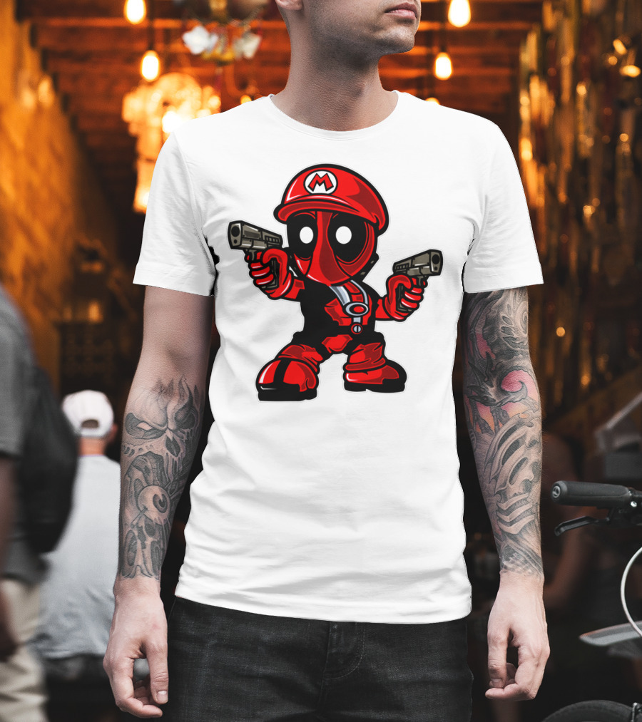 DEADPOOL MARIO PARODY CROSSOVER CHARACTER WITH GUNS T-Shirt