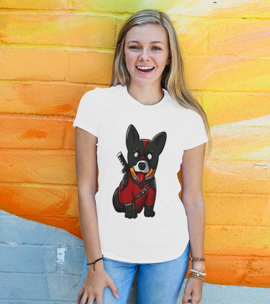 CORGIPOOL CORGI DEADPOOL MERCHANDISE RED BLACK COSTUME SWORD DOG ICONIC CHARACTER IMAGE T-Shirt