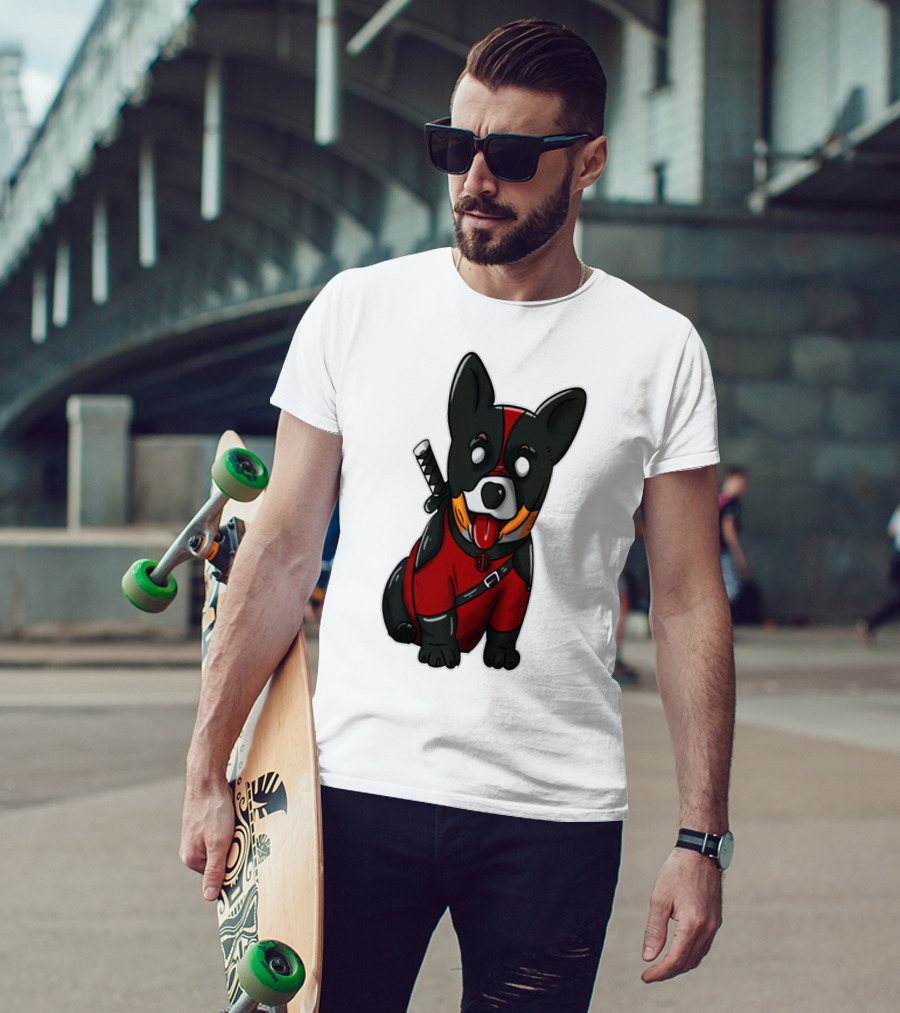 CORGIPOOL CORGI DEADPOOL MERCHANDISE RED BLACK COSTUME SWORD DOG ICONIC CHARACTER IMAGE T-Shirt