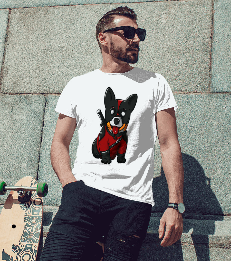 CORGIPOOL CORGI DEADPOOL MERCHANDISE RED BLACK COSTUME SWORD DOG ICONIC CHARACTER IMAGE T-Shirt