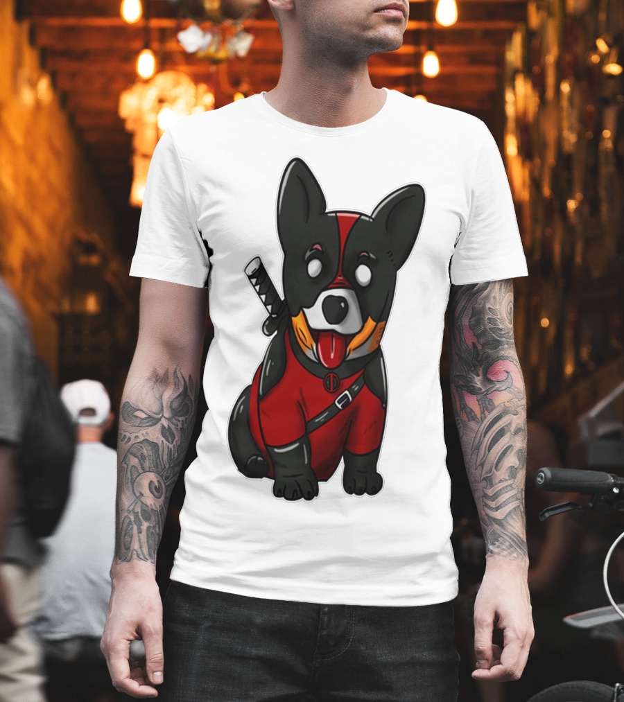 CORGIPOOL CORGI DEADPOOL MERCHANDISE RED BLACK COSTUME SWORD DOG ICONIC CHARACTER IMAGE T-Shirt