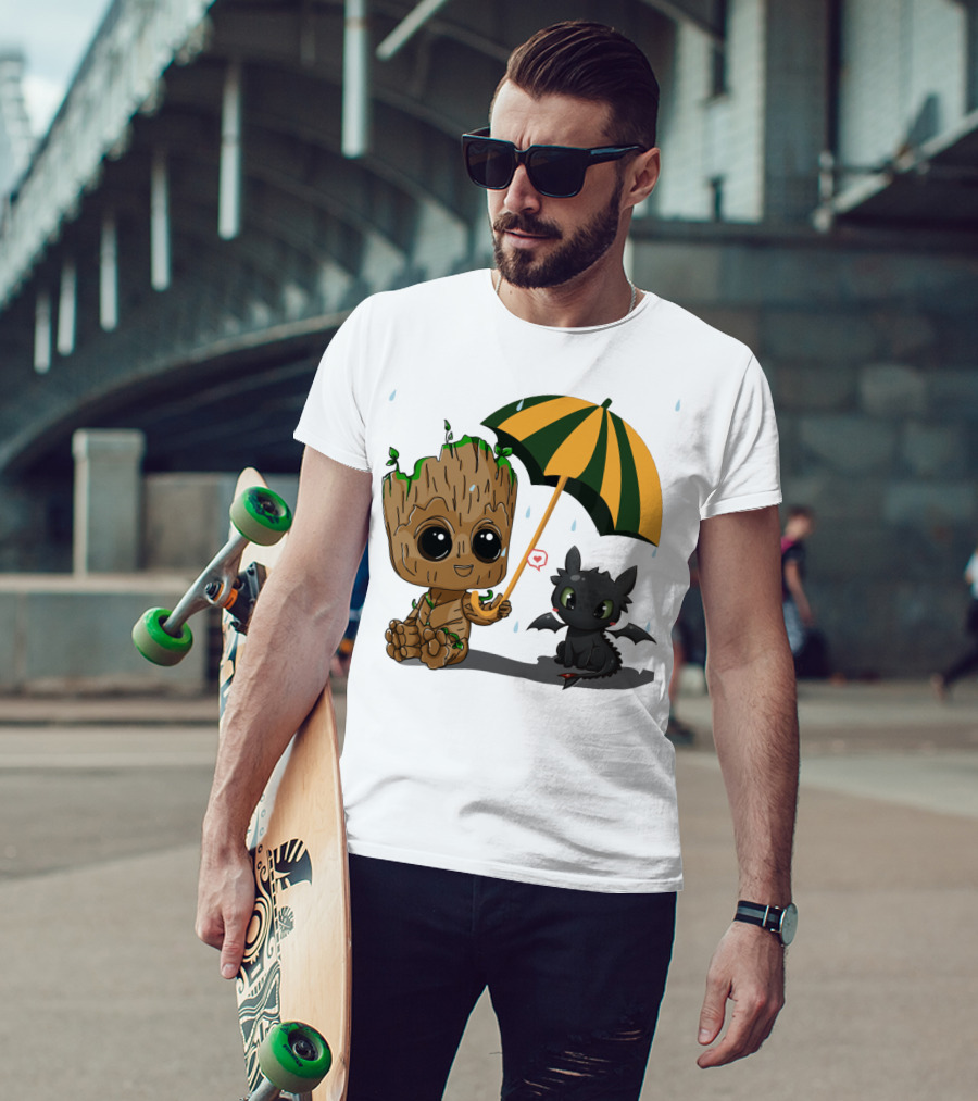 Groot And Little Hiccup Dragon Sharing Umbrella In The Rain T-Shirt