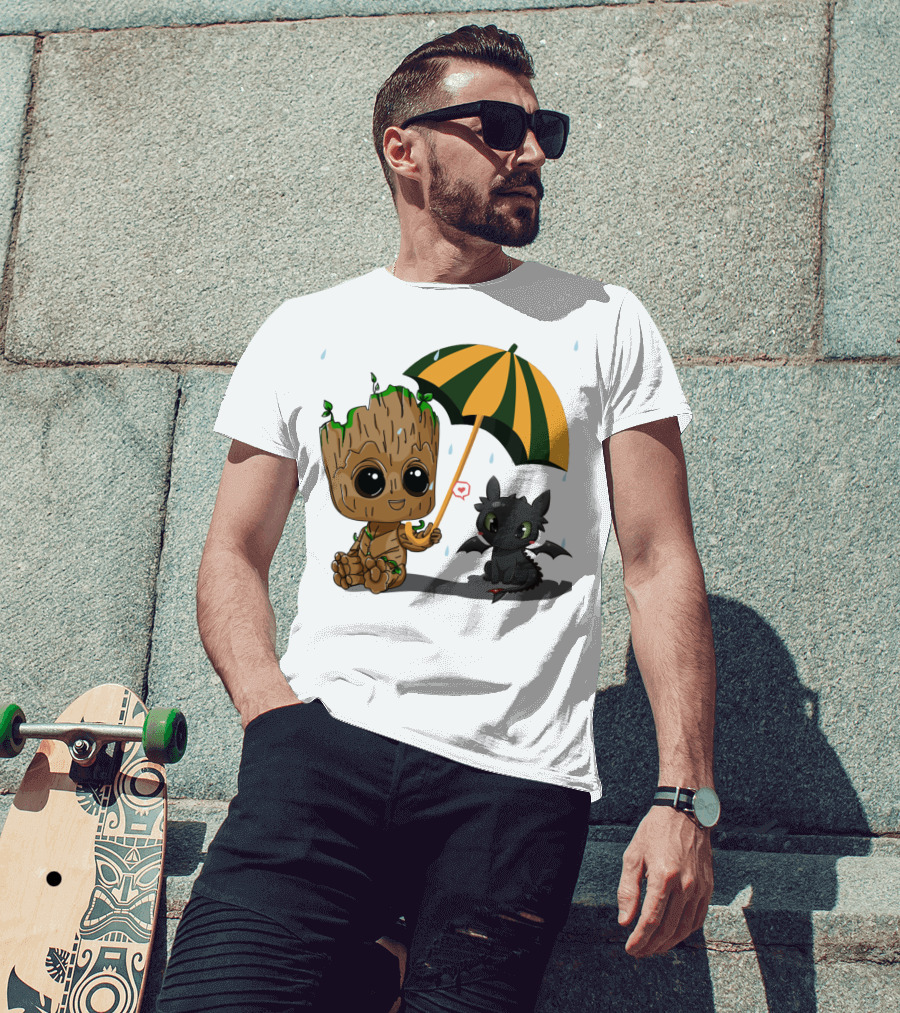 Groot And Little Hiccup Dragon Sharing Umbrella In The Rain T-Shirt