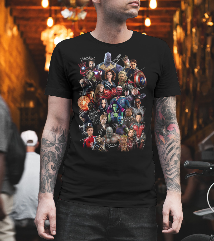 Marvel Avengers Endgame Cast Signatures Featuring Iconic Heroes And Villains T-Shirt