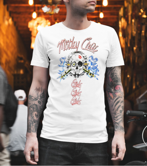 Mötley Crüe Girls Girls Girls Skull and Crossbones with Smoking Pistons and Red Lips Kiss T-Shirt Mötley Crüe Girls Girls Girls Skull and Crossbones with Smoking Pistons and Red Lips Kiss T-Shirt