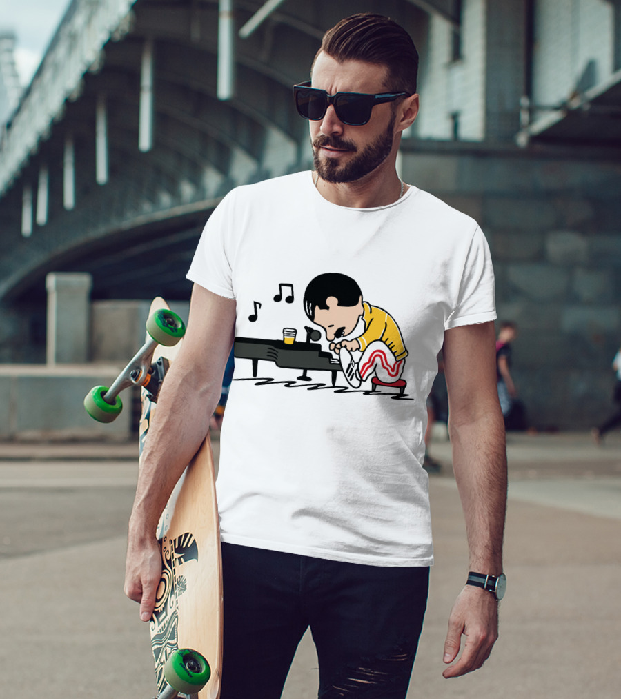 Freddie Mercury Cartoon At Piano With Music Notes And Beer Glass T-Shirt
