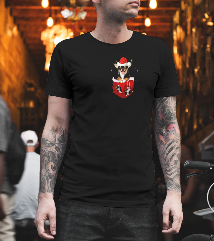 Chihuahua in Santa Hat Pocket with Christmas Sparkles T-Shirt