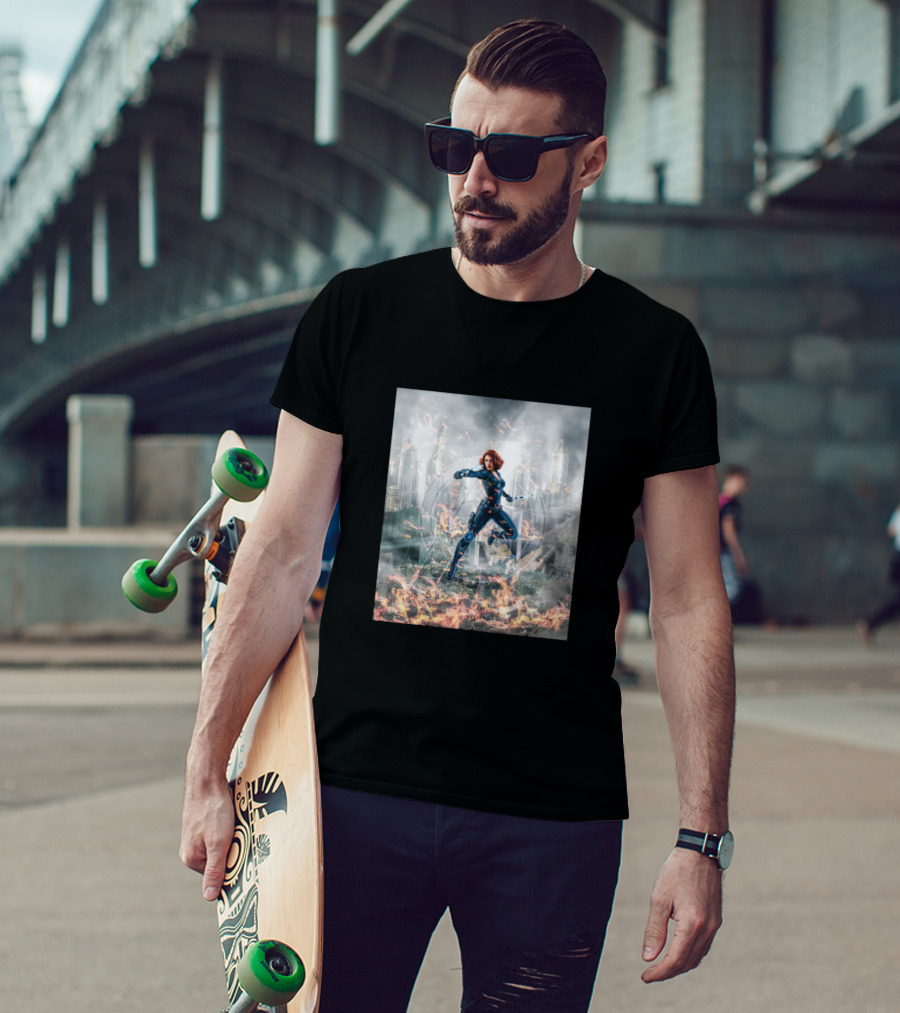 Avengers Cool Black Widow Action Scene Amidst Destruction T-Shirt
