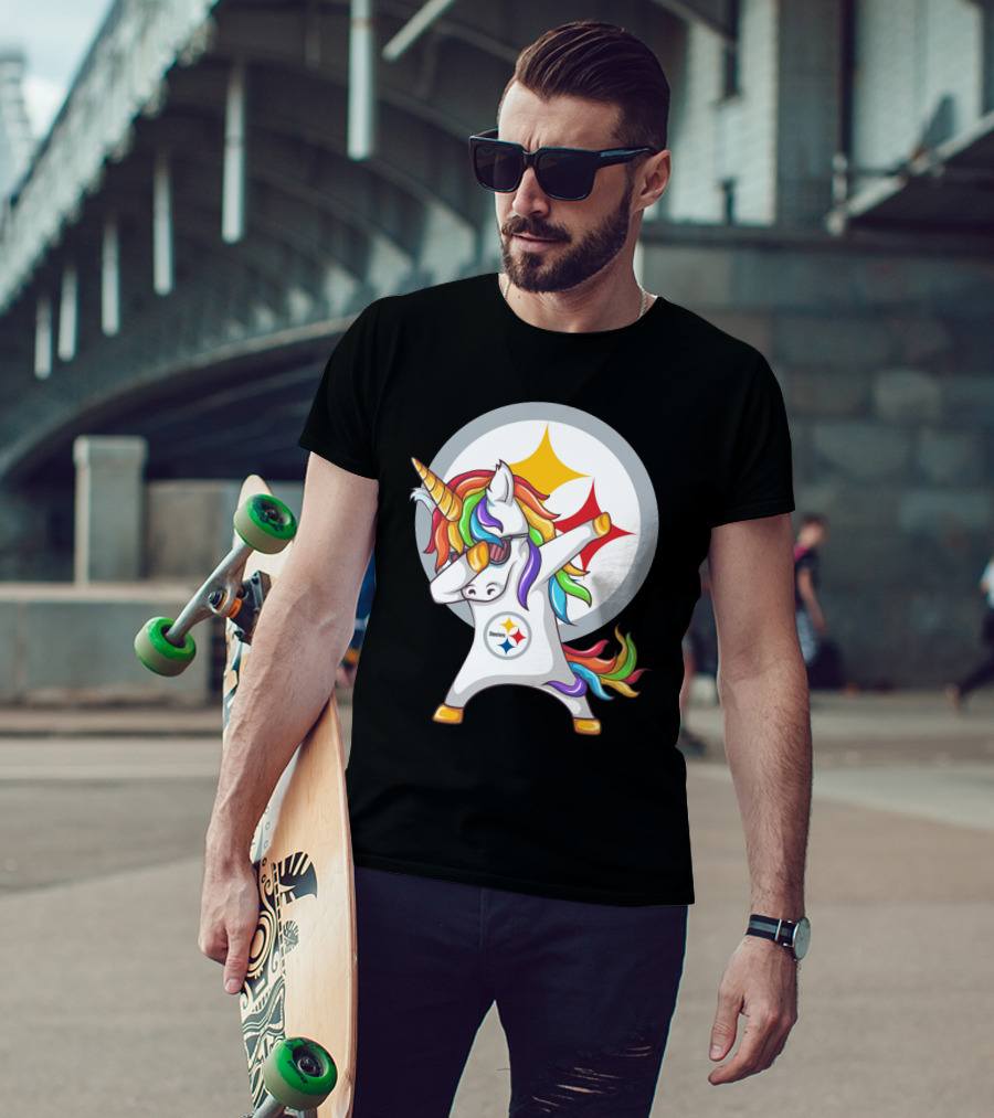 Unicorn Dabbing With Steelers Logo Rainbow Mane T-Shirt
