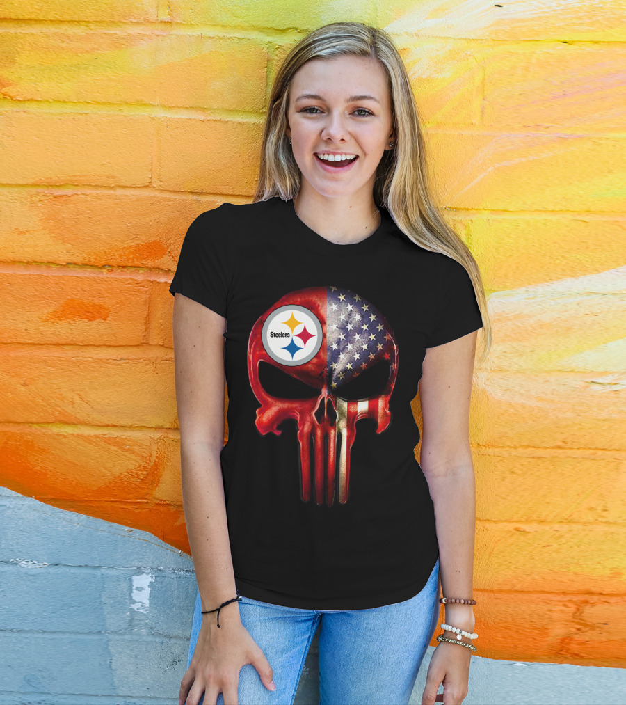 Steelers American Flag Skull For True Pittsburgh Fan Only T-Shirt
