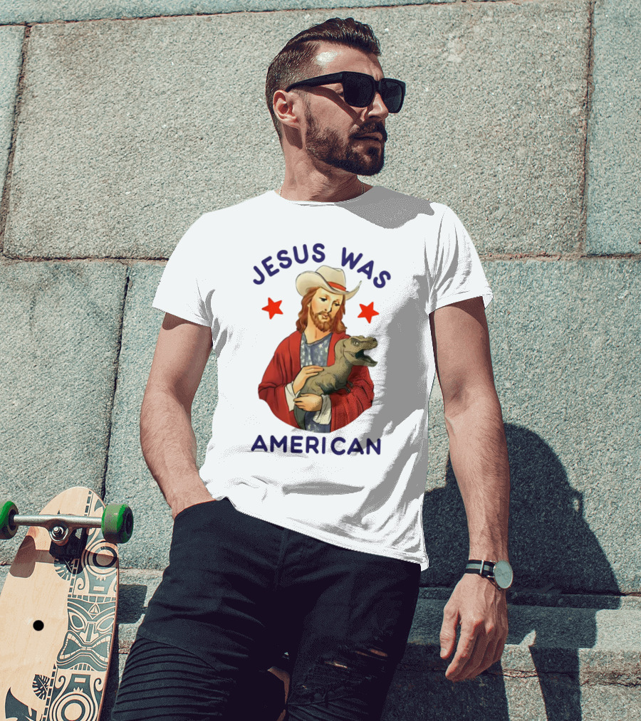 Jesus Was American Holding Dinosaur In Cowboy Hat With Stars T-Shirt