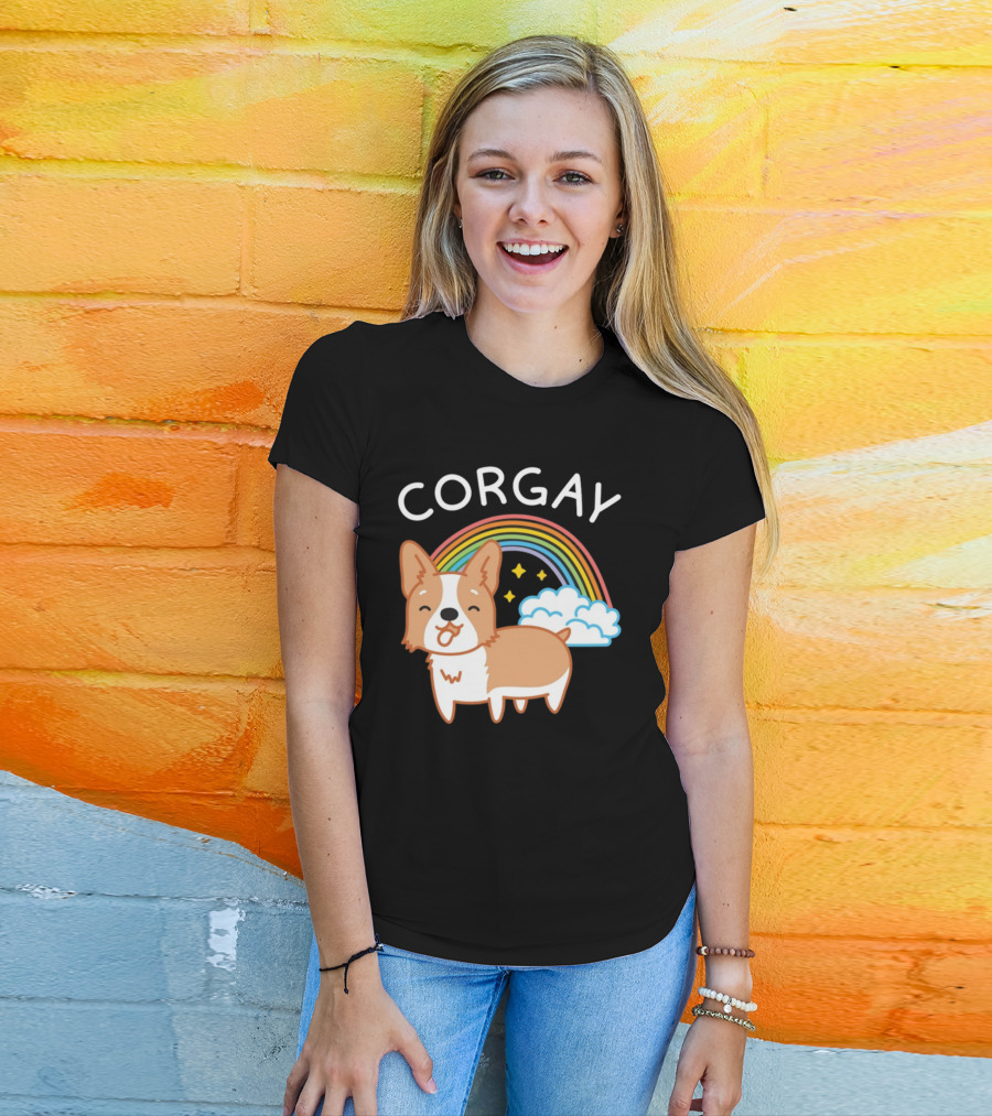Corgay Rainbow Clouds And Stars With Corgi T-Shirt