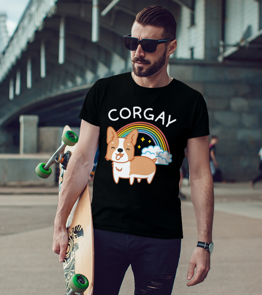 Corgay Rainbow Clouds And Stars With Corgi T-Shirt
