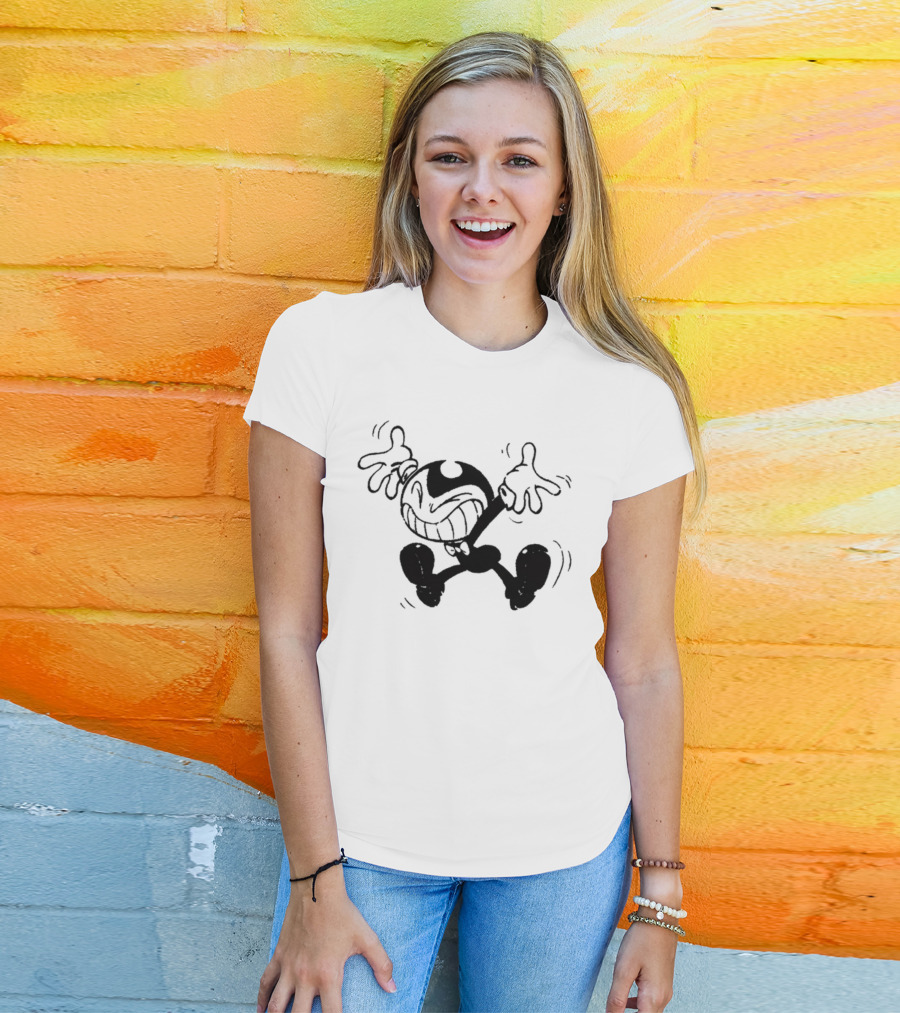 Bendy Jumping Smiling Animated Character Ringer T-Shirt