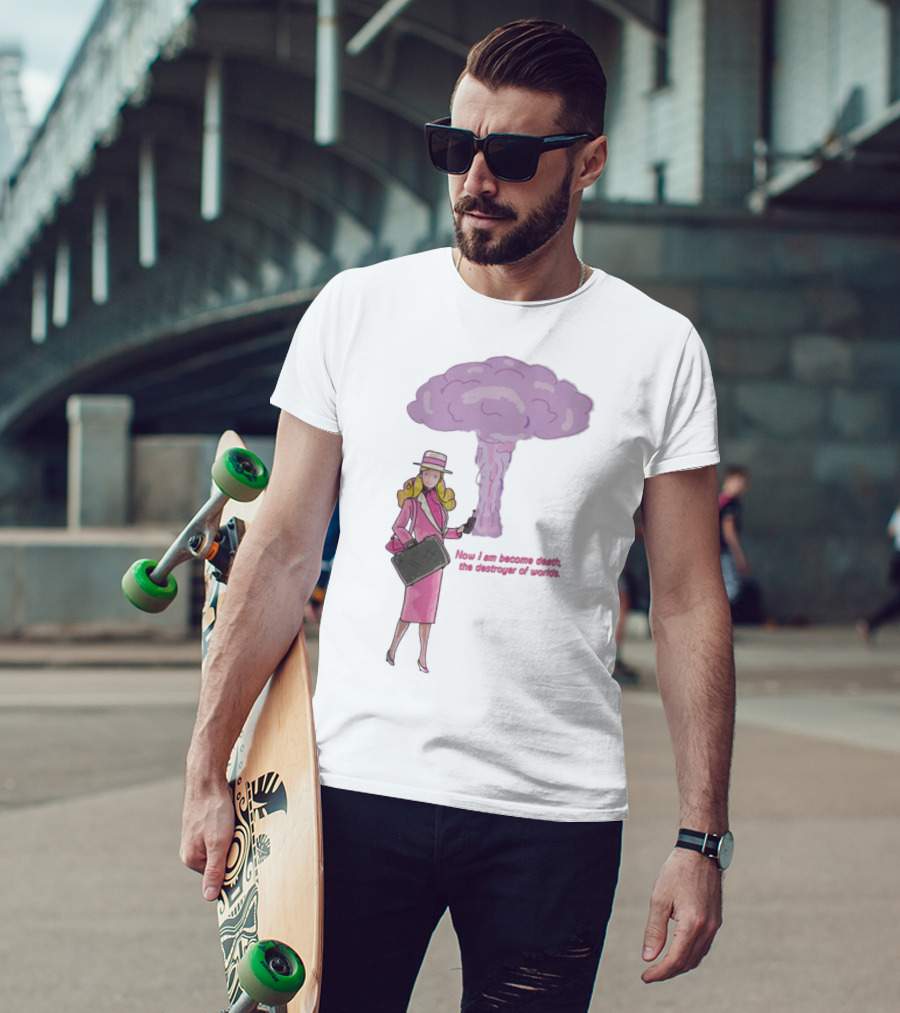 Now I Am Become Death The Destroyer Of Worlds Blonde Woman Pink Outfit Holding Bag Phone With Purple Mushroom Cloud T-Shirt