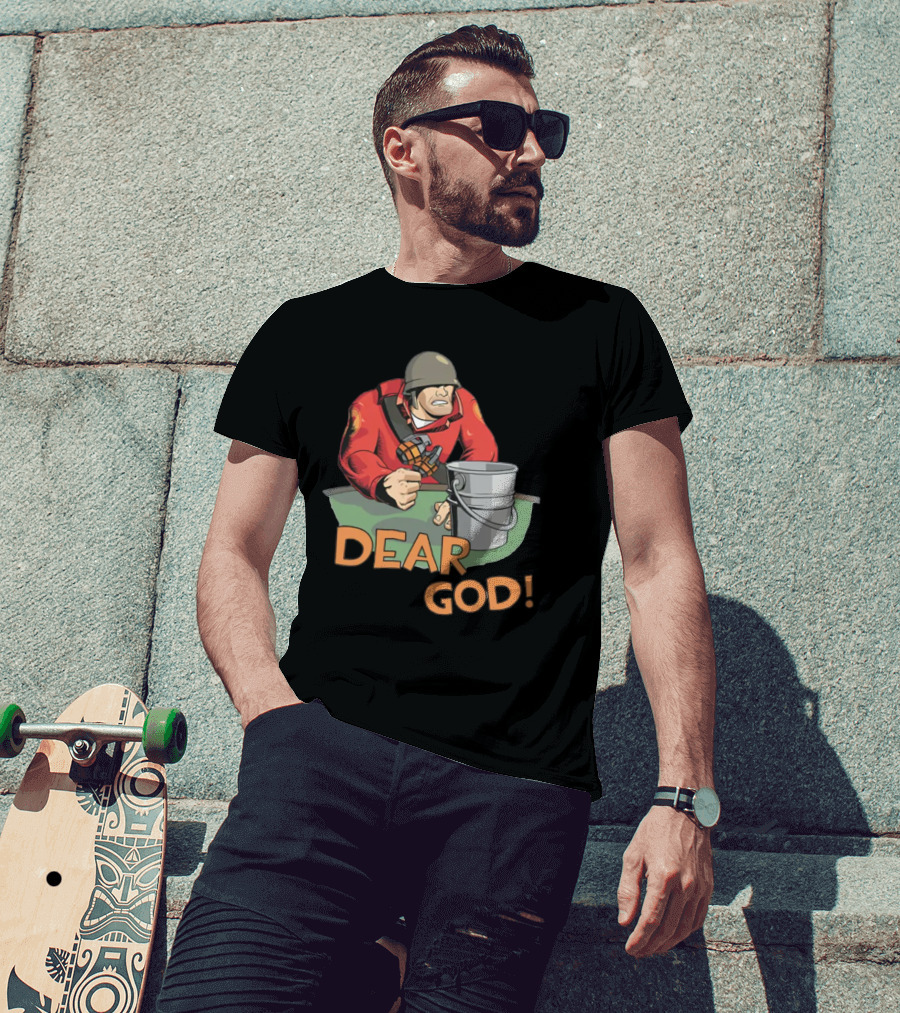 Team Fortress 2 Soldier Red Outfit With Grenade And Bucket Dear God T-Shirt