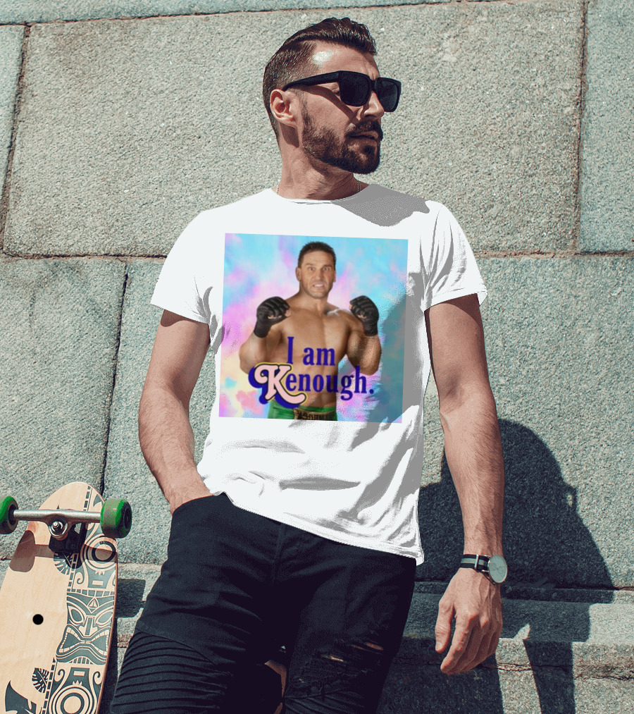 Brogan Ken Shamrock I Am Kenough Boxer Gloves Blue Pink Background T-Shirt