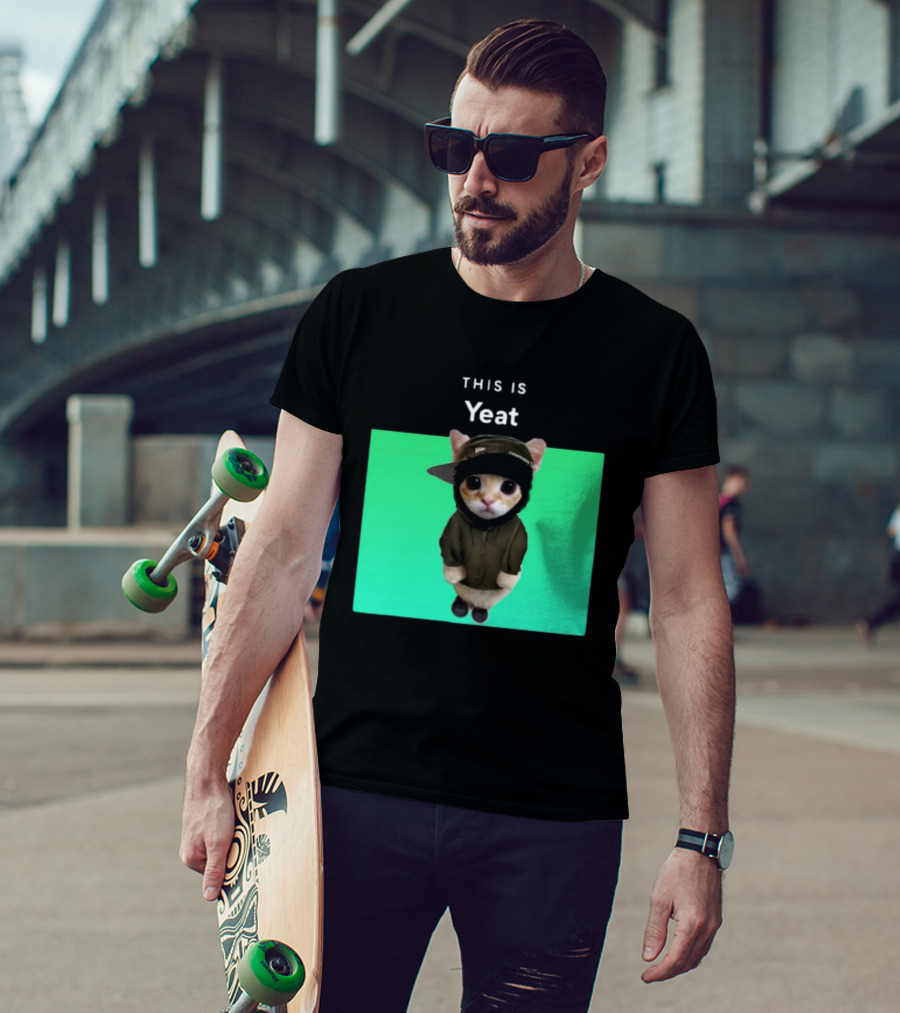 Yeat Cat Wearing Hoodie And Cap On Green Background T-Shirt