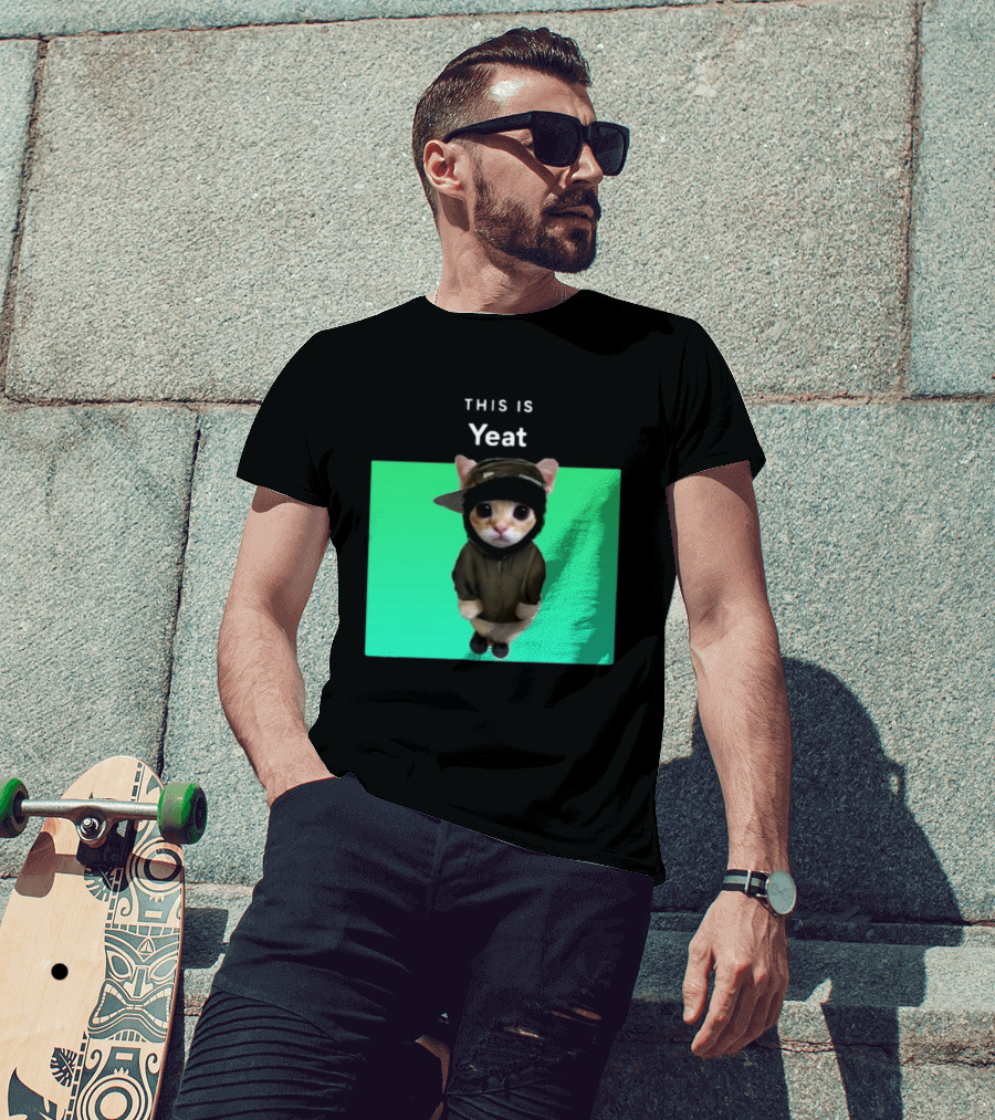 Yeat Cat Wearing Hoodie And Cap On Green Background T-Shirt
