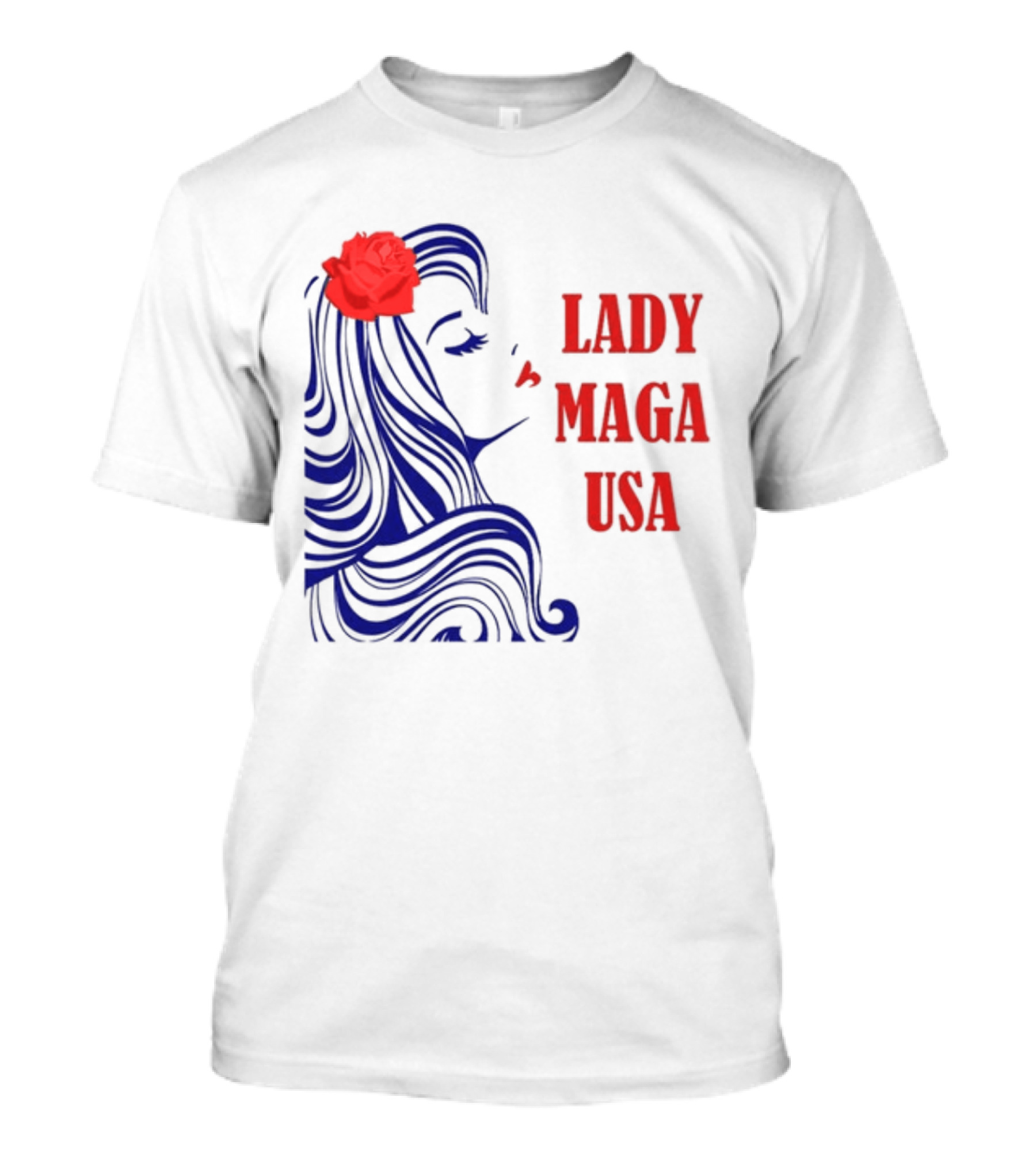 Lady Maga USA Bold Red And Blue Portrait With Rose T-Shirt