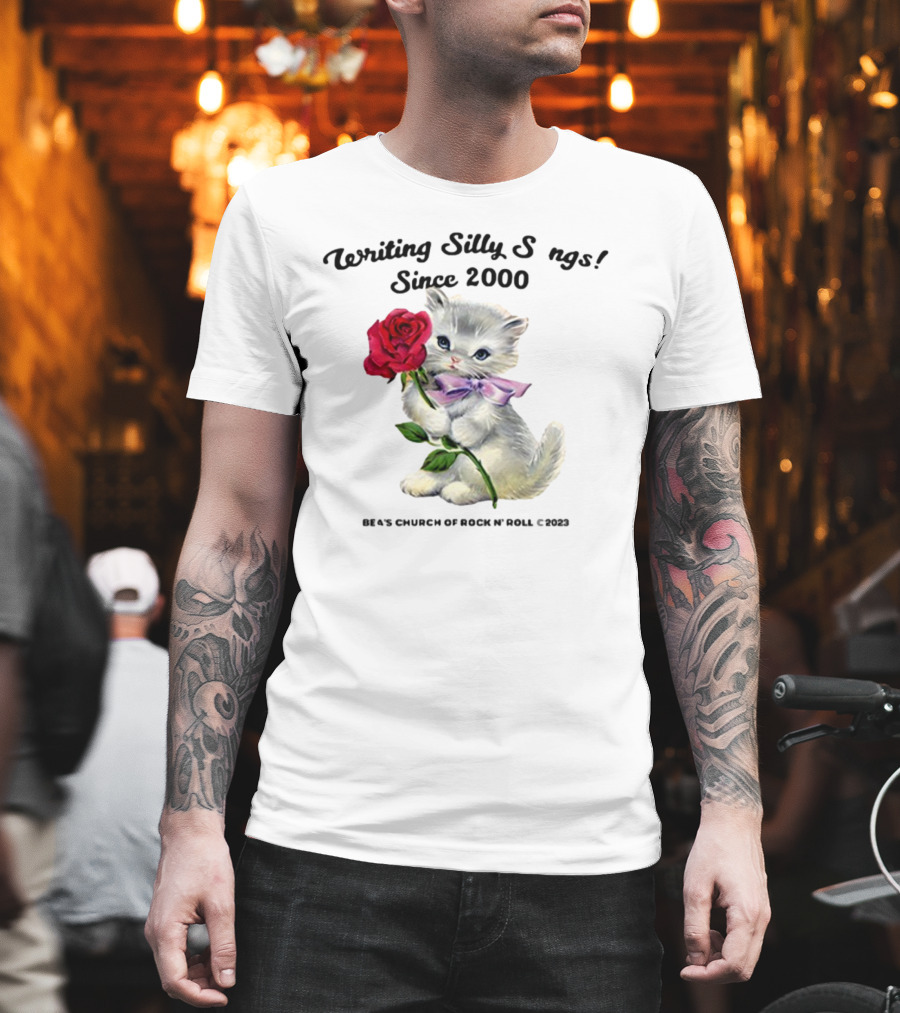 Writing Silly Songs Since 2000 Cute Kitten with Red Rose and Pink Bow T-Shirt