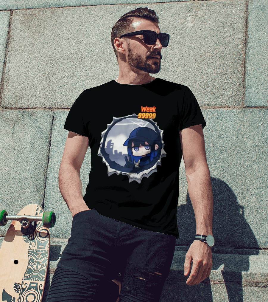 Weak 99999 Manga Character Peering Through Circular Portal T-Shirt