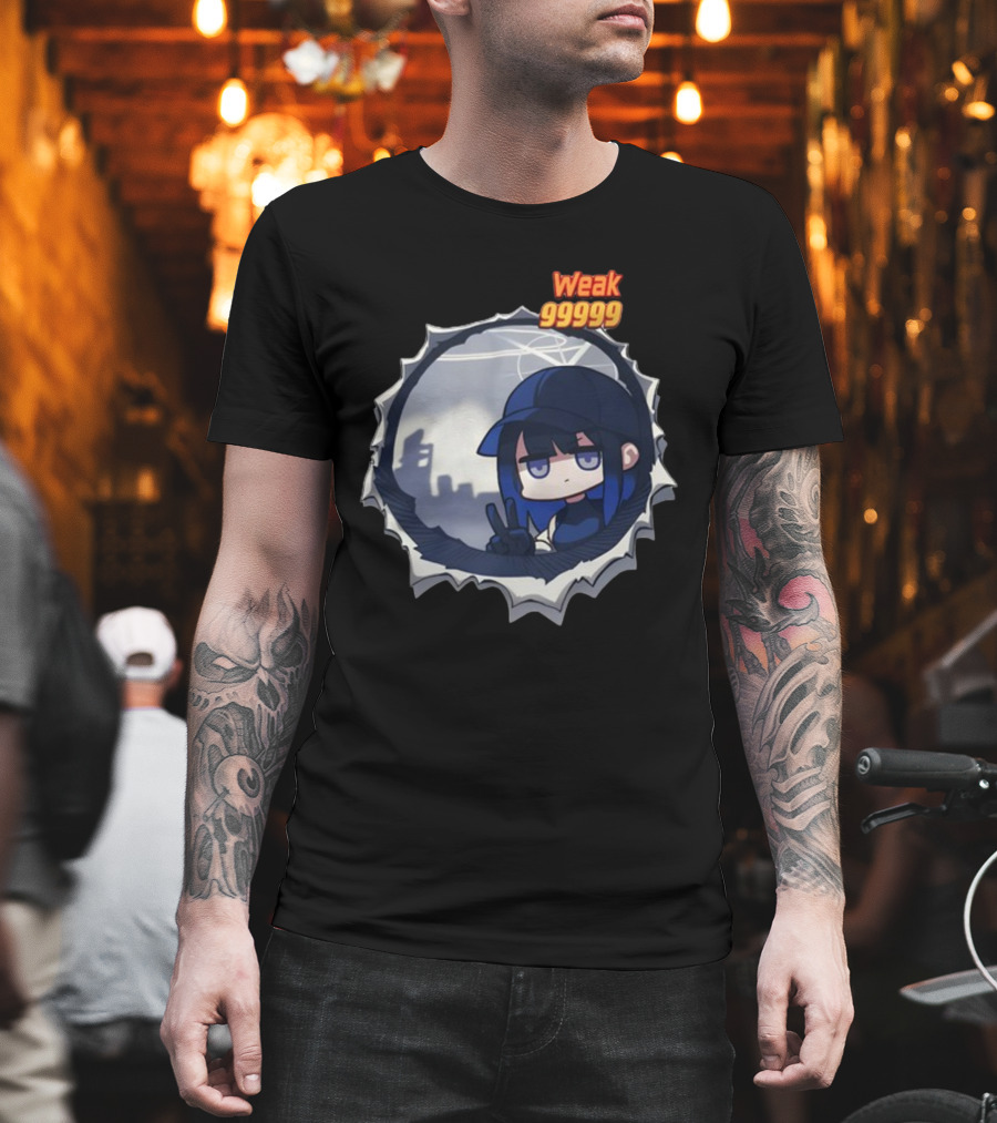 Weak 99999 Manga Character Peering Through Circular Portal T-Shirt
