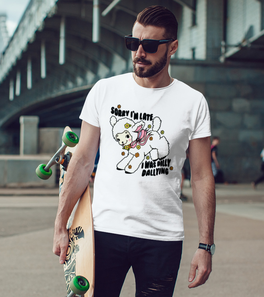 Sorry I'm Late I Was Dilly Dallying Cute Lamb With Flowers And Bow T-Shirt