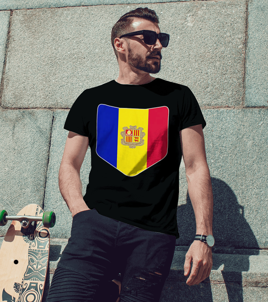 Andorra Flag Pocket Print Andorran Colors Crest Emblem T-Shirt