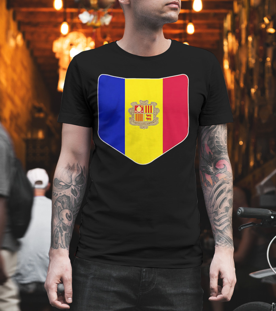 Andorra Flag Pocket Print Andorran Colors Crest Emblem T-Shirt